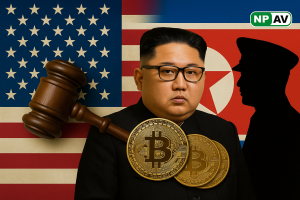 bitcoin with Kim Joun Un behind North Korea and U.S flag