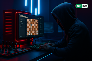 Chess.com logo with a warning symbol representing data breach and cybersecurity incident