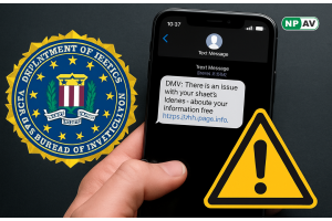 FBI logo and mobile screen where DMV message appears and warning sign