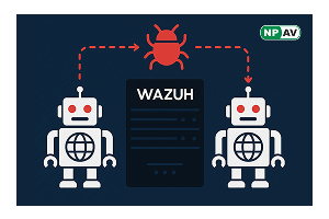 Two robot icons with red eyes stand on either side of a central server labeled WAZUH, connected by dashed red arrows pointing through a central red bug symbol, all set against a dark blue background.