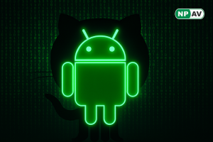 GitHub repository screenshot of "Huckel789/Android-RAT" with FUD Android RAT code snippets; icons for web C2 browser access, stealth evasion shield, ransomware lock, camera/SMS theft symbols, and low-bandwidth Freeze Mode; warning overlay on mobile device