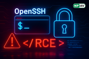OpenSSH vulnerability diagram for CVE-2025-61984: ProxyCommand flow with newline injection arrow from malicious Git submodule URL to RCE execution in Bash shell, SSH config file snippet showing unquoted %r, affected shells icons (Bash/Fish/csh) vs safe Zs