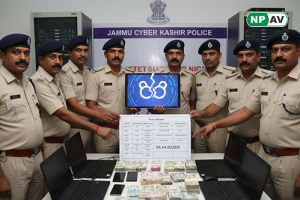 Jammu Cyber Police operation graphic: handcuffed suspects from Surat raid, ₹4.44 crore money transfer icons flowing to fraudsters, businessman under "digital arrest" phone call with fake cop badge, warning signs for scams, Indian flag overlay with 1930 he