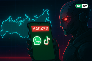 Android spyware alert graphic: cracked phone screen with ClayRat bat icon spreading from fake WhatsApp/TikTok apps, data streams (SMS, photos, contacts) flowing to hacker server; Russia map highlight, Zimperium shield blocking threats, and warning for 600