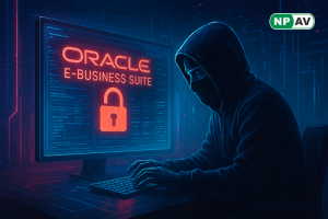 Security alert infographic: Cracked Oracle E-Business Suite icon with red HTTP arrow breaching Configurator module, data streams leaking sensitive files; timeline linking to CVE-2025-61882 Cl0p exploits, patch badge urging "Update Now" on enterprise netwo