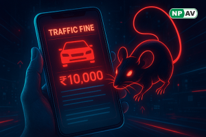 Cyber scam warning graphic: WhatsApp message with fake traffic ticket link exploding into RAT icons (camera eye, SMS bubble, bank drain); phone screen showing mParivahan clone with red alert overlay, protective shields for app store and 1930 helpline, "Do