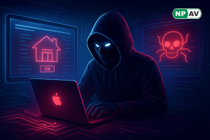 Cyber threat infographic: Cloned Homebrew website icon with red malware code injecting into macOS laptop, arrows to C2 server and Odyssey Stealer payloads, protective shield for endpoint monitoring, and warning "Verify Your Downloads" banner over digital 