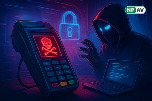 Security alert graphic: Yomani XR terminal with red debug port arrow leading to hacker accessing root shell, malware icons infiltrating system; protective shield for firmware updates and network segmentation, warning "Audit Your Devices Now" over retail e