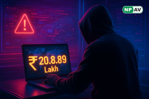 Cyber fraud alert graphic: Skype call with fake NCB badge stealing OTPs from phone, money flow to hacker accounts; handcuffed suspects and police symbols, 2FA shield and 1930 helpline icon, warning "Don't Share OTPs" banner over cityscape.