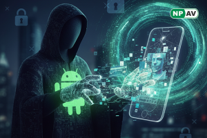 Android security alert graphic: Phone screen with Pixnapping icon stealing data streams from apps like Gmail and Signal; AI brain enhancing theft, red warning flags, and protective shields for updates and permissions, with "Secure Your Apps" banner.