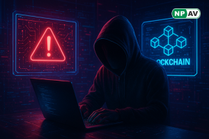 Cyber threat infographic: Blockchain icon with hidden malware code in job listing graphics, arrows to stolen data streams; protective shields for antivirus and policies, with "Verify Your Jobs" warning banner over a digital network.