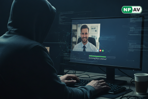 Cyber threat infographic: Fake job interview page with malware download arrows to OtterCandy icons (RAT, stealer); protective shields for monitoring and whitelisting, with "Avoid Suspicious Downloads" warning banner over a digital network.