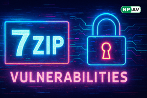 Security alert infographic: 7-Zip icon with red symlink arrows leading to code execution icons, malicious ZIP exploding into files; protective shields for updates and antivirus, with "Update Your Software" warning banner over a file extraction interface.