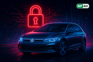 Cyber breach alert graphic: Volkswagen logo with ransomware lock icons, data leak arrows to stolen files (invoices, contracts); protective shields for supply chain monitoring, with "Secure Your Partners" warning banner over a global network.