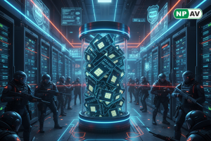 Cybercrime bust infographic: SIM card stacks with handcuffs, fraud icons (phishing, scams); Europol shields and seized assets, with "Verify Your Contacts" warning banner over a global map.