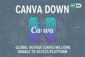 Outage alert infographic: Canva logo with red error icons, global user pins and complaint bubbles; alternative tools like Adobe Spark, with "Check Status Page" banner over a cloud network.