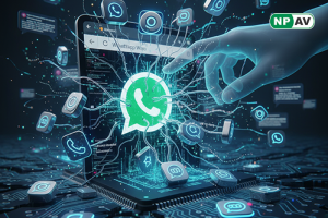 Spam alert infographic: Chrome extension icons flooding WhatsApp with messages, red violation flags; protective shields for reviews and official tools, with "Avoid Unverified Extensions" warning banner over a browser interface.