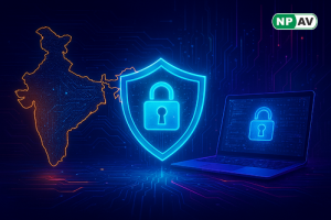 Cybersecurity infographic: TRAI shield with verification icons (CAPTCHA, numbering), regulatory partners (RBI, SEBI); protective layers for whitelisting and consent, with "Secure Your Digital Economy" warning banner over an Indian flag background.