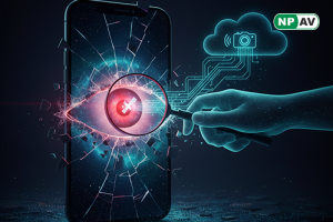 Security alert infographic: Galaxy S25 phone with camera eye and GPS tracking arrows, red zero-day icon; protective shields for updates and monitoring, with "Patch Your Device" warning banner over a smartphone screen.