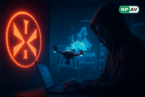 Espionage alert infographic: Lazarus Group icons targeting drone factories, RAT arrows stealing data; protective shields for awareness and monitoring, with "Secure Sensitive Sectors" warning banner over a European map.