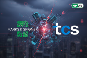 Cyberattack fallout infographic: M&S store with broken links to TCS, hacker impersonating executive; protective shields for verification and controls, with "Secure Outsourcing" warning banner over a partnership handshake.