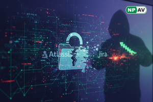 Security alert infographic: Jira logo with red path traversal arrows altering files, JVM process icon; protective shields for patches and upgrades, with "Update Your Jira" warning banner over a server setup.