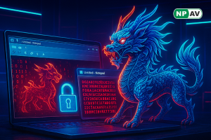 Ransomware alert infographic: Qilin icon using MSPaint and Notepad to scan files, arrows to encrypted data; protective shields for segmentation and monitoring, with "Secure Your Network" warning banner over a Windows desktop.