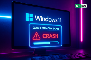 System stability infographic: Windows 11 icon with memory scan prompt post-BSOD; green arrows to quick fixes, with "Enhance Your PC" banner over a reboot screen.