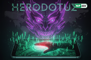 Malware alert infographic: Android phone with Herodotus icon mimicking typing, arrows to bypassed biometrics; protective shields for antivirus and verification, with "Secure Your Mobile" warning banner.