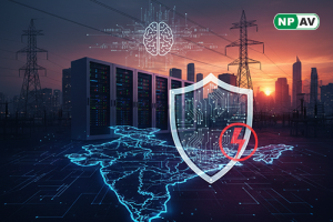 Security upgrade infographic: Power grid with cyber shields, arrows to regulations; protective layers for policies and monitoring, with "Secure the Grid" warning banner over an electricity network.