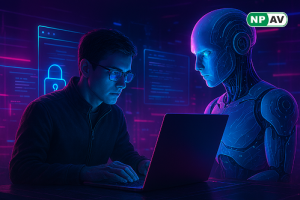 Content theft infographic: AI browser icons bypassing paywalls, arrows to hidden content; protective shields for advanced detection, with "Protect Your Articles" warning banner over a website.