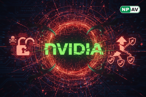 Security alert infographic: NVIDIA App icon with code execution arrows, privilege escalation; protective shields for updates, with "Patch Your Software" warning banner over a Windows PC.