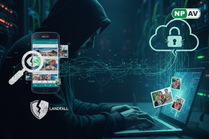 Spyware alert infographic: WhatsApp image with hidden spyware, arrows to camera and mic access; protective shields for updates, with "Update Your Phone" warning banner over a Samsung device.