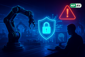 AI threat infographic: Manufacturing icons with AI tools, arrows to malware via clouds; protective shields for DLP and blocking, with "Secure Your AI Use" warning banner over a factory.