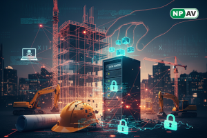 Cyber threat infographic: Construction site with APT arrows stealing credentials; protective shields for training and encryption, with "Secure Your Projects" warning banner over blueprints.