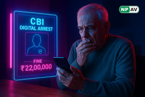Fraud alert infographic: WhatsApp call with fake CBI badge, arrows to stolen money; protective shields for verification and reporting, with "Verify Before Paying" warning banner over a phone.