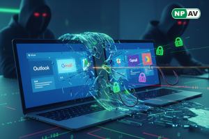 Phishing alert infographic: Outlook and Google icons with malicious links, arrows to credential theft; protective shields for MFA and filters, with "Secure Your Email" warning banner over an inbox.