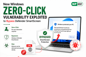 Windows laptop showing a malicious shortcut file exploiting a zero-click vulnerability to bypass Defender SmartScreen, with hacker warning graphics and security alert theme.