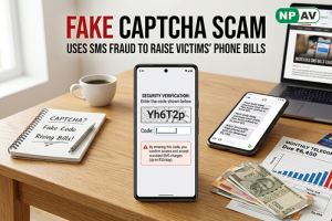 Smartphone displaying a fake CAPTCHA page that triggers hidden international SMS messages, with warning icons and rising mobile phone bill charges.