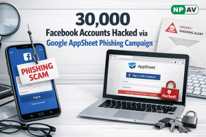 Laptop screen showing a fake Meta Support email sent through Google AppSheet, leading to a phishing page used to steal thousands of Facebook accounts.