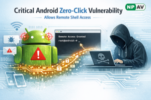 Android smartphone showing a zero-click vulnerability exploit, with hacker accessing device remotely via network and gaining shell-level control without user interaction.