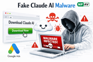 Fake Claude AI installer phishing page delivering malware through sponsored Google Ads results