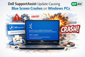 Dell laptop displaying blue screen crash caused by SupportAssist update on Windows 10 and Windows 11 systems.
