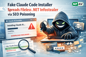 Fake Claude Code installation page delivering fileless .NET infostealer through SEO poisoning attack