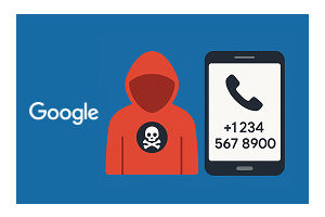 Illustration showing a red-hooded hacker with a skull icon, the Google logo, and a smartphone displaying a phone number, representing a security flaw that allows attackers to retrieve users' phone numbers