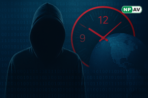 Infographic showing 18-minute enterprise breach timeline with icons for Oyster malware exploiting rundll32.exe and scheduled tasks, Gamarue USB attacks, drive-by compromises, and security shields for behavioral monitoring and anomaly detection.