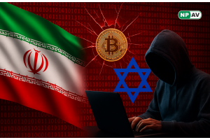 Israel and iran flag with hacker and crypto sign