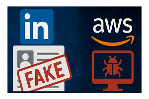Linkedin and AWS logo with fake remark and malware sign on PC