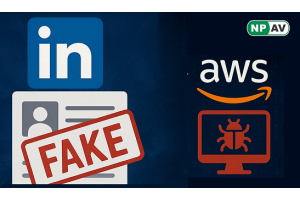 Linkedin and AWS logo with fake remark and malware sign on PC