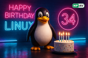 Linux logo celebrating 34 years